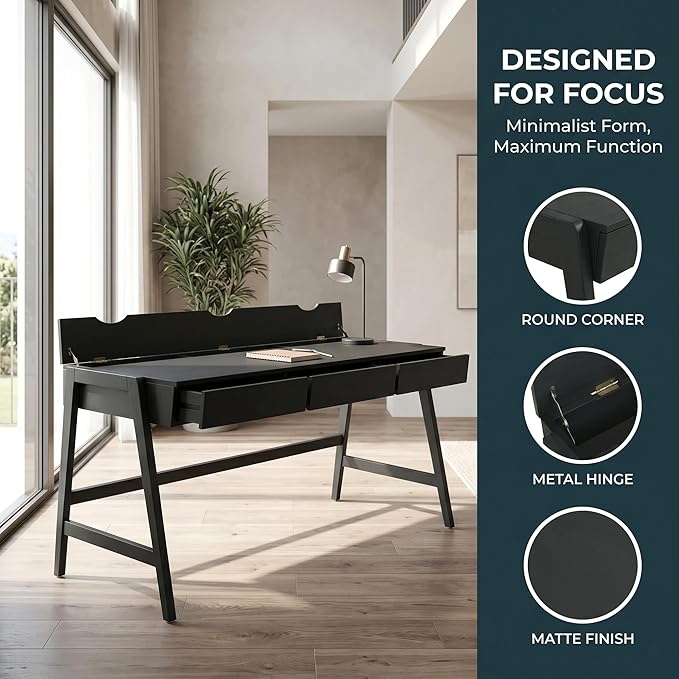 HNY 59 Inches Black Wooden Writing Desk with 3 Drawers, Computer Study Table with MDF Top, Solid Rubberwood Legs and Hidden Cable Management Holes, Corner Makeup Vanity Desk for Home Office, Bedroom