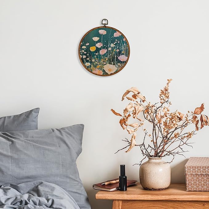 KSDUT Retro Aesthetic Floral Green Wall Art Decor - Botanical Neutral Mid Century Modern Wall Art Canvas Frame Hanging Prints, Vintage Landscape Round Wall Art Decor for Home Decorations 10"x10"