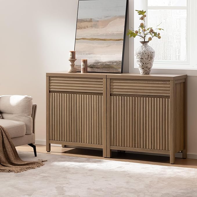 SICOTAS Fluted Buffet Cabinet with Storage - 58“ Large Sideboard Cabinet with Drawers & 3-Level Adjustable Shelf, Modern Credenza Coffee Bar Console Table for Kitchen Living Room Entryway, Caramel Oak