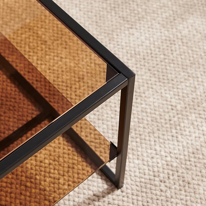 Shrine Brown Glass Coffee Table, Modern Design, Dual-Layer Coffee Table for Living Room, Black-Plated Metal Frame, Brown Glass Top