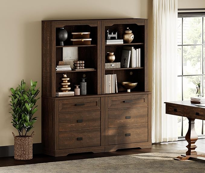 WAMPAT 2 Column 73.3" Tall Bookcase with Chest of Drawers, 63 inch Wide Standing Rustic Bookshelves, Modern Farmhouse Display Storage Cabinet with Adjustable Shelves,Dark Wood Brown