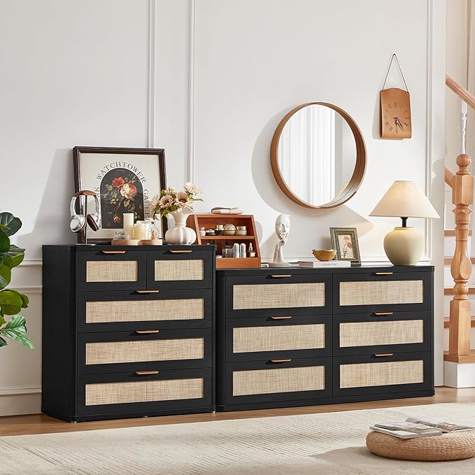 LEYAOYAO Rattan Dresser for Bedroom, 33.5" Tall Chest of Drawers, Modern 5 Drawers Boho Dressers with Storage, Light Oak Dresser Wooden Closet Organizer for Living Room, Hallway, Black