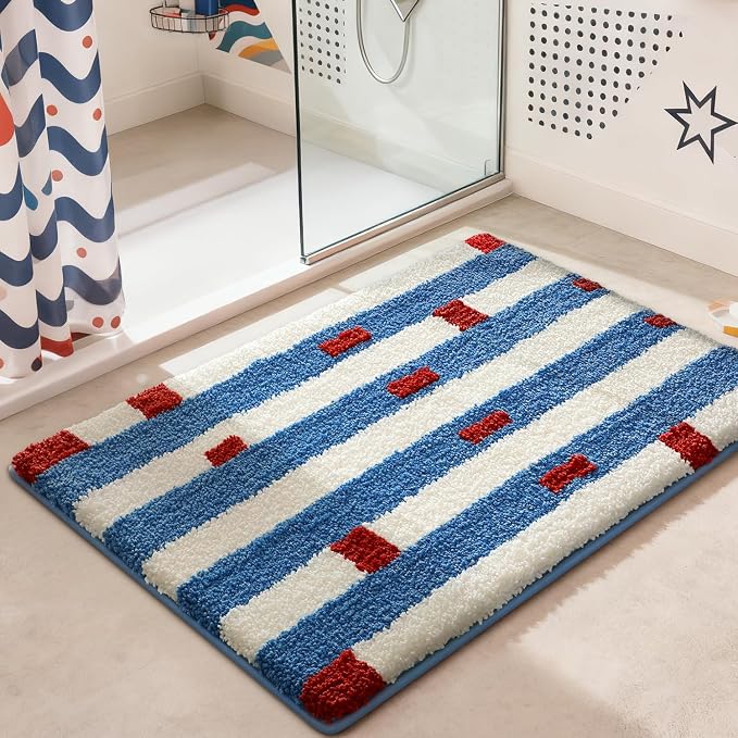 LUMI Bathroom Rugs with Blue White Stripe, Soft Absorbent Bath Mat for Modern Home Decor, Non-Slip Quick-Dry Bath Rug, Machine Washable Floor Mat for Shower and Tub, Entryway, 16"x24"