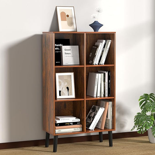 6 Cube Storage Organizer with Legs, 3 Tier Cube Low Bookcase Freestanding Storage Display Organizer for Home Office, Six-Cubes Open Shelf Bookshelf (Retro Brown, 6 Cube Vertical)