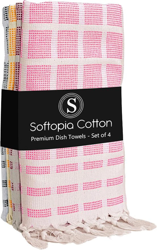 Matrix Dobby Kitchen Towels Set of 4, 100% Cotton, Combo Pack, 16"x26", Absorbent Tea Towels with Tassels, Reusable Cleaning Cloths - Rose Pink, Burgundy, Mustard Yellow, Grey