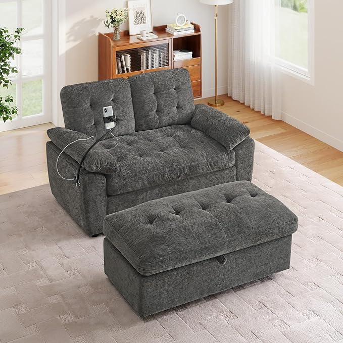 Oversized Chaise Lounge Chair Indoor with Ottoman&Adjustable Backrest,Chenille Tufted Recliner Comfy Loveseat Sofa Chair with USB&Phone Holder,Convertible Sleeper Couch Bed for Living Room(56"W,Grey)