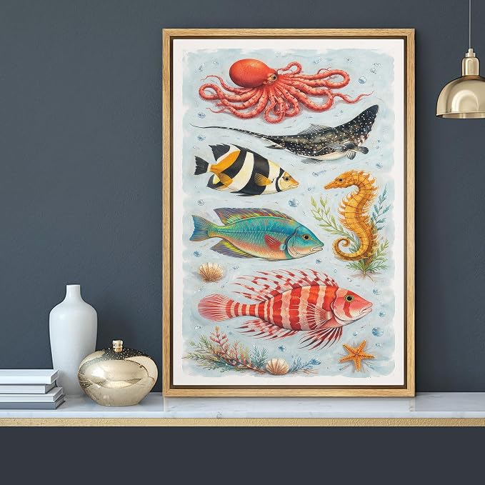 MUDECOR Framed Canvas Print Wall Art Colorful Ocean Life Marine Species Illustrations Minimalism Decorative Bohemian Zen for Living Room, Bedroom, Office - 24"x36" NATURAL