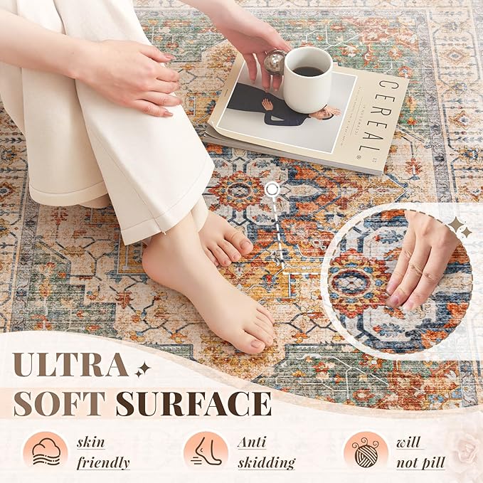 Area Rug 9x12 Vintage Rug: Large Washable Indoor Medallion Rugs Low Pile Distressed Floor Carpet Retro Accent Rug for Living Room Bedroom Kitchen Dining Table Home Office(Green/Yellow, 9'x12')