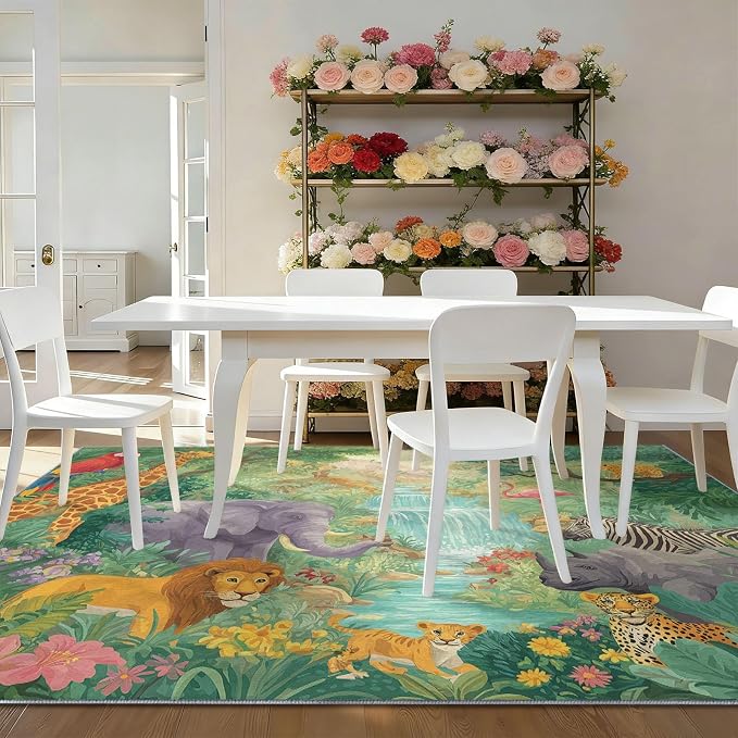 Green 5' x 8' Washable Area Rug for Living Room, Modern Tropical Rainforest Animals Giraffe Flamingo Printed Non-Slip Carpet - Low Pile Soft Indoor Rug for Bedroom Kids Playroom Parent-Child Space
