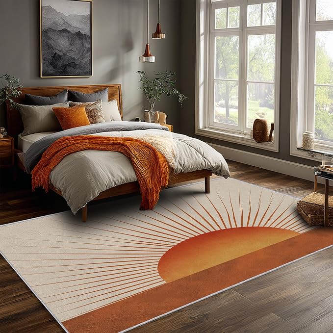 Retro Sunburst Area Rug, Mid Century Sun Pattern Carpet, Washable Non Slip Low Pile Soft Thin, Living Room Bedroom Home Decor Mat 5x7ft