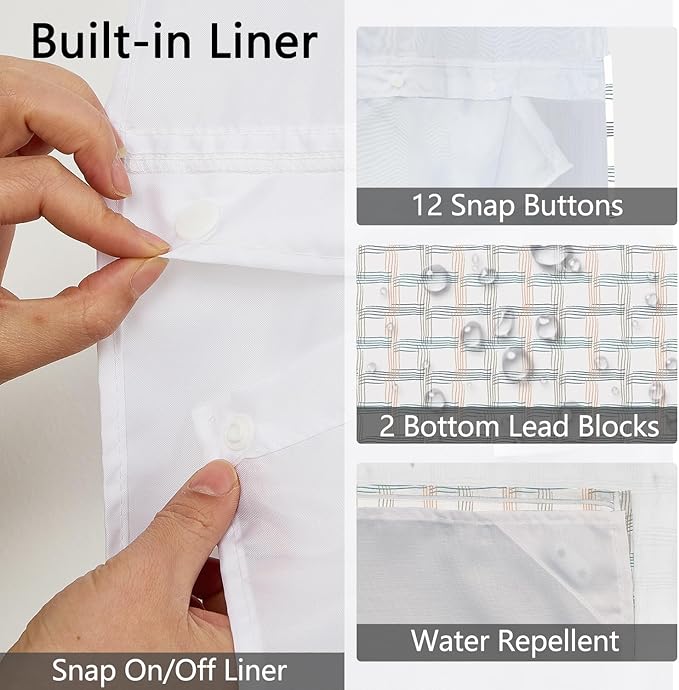 No Hook Shower Curtain with Snap in Fabric Liner - Beige & Teal Grid Pattern, Waterproof Shower Curtains and Liner Set for Modern Bathroom, See Through Top Window, 71x74 Inches