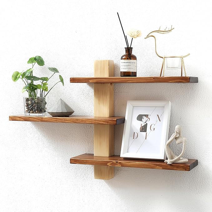GRID FORTE Wood 3 Tier Floating Shelf, Large Minimalist Wall Shelves, Mid Century Modern Furniture, Art Deco, Plant Rock Crystal Shelving for Bedroom Living Room Office Bathroom