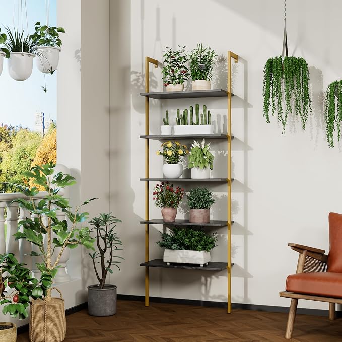 Modern Trapezoid Open Shelving Unit - 5-Tier, Wall-Mounted, High-Strength MDF & Metal