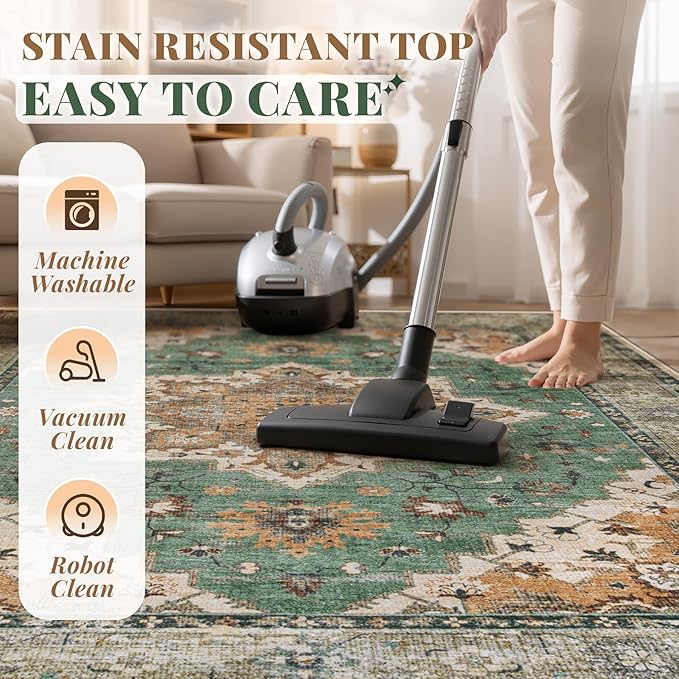 Area Rug 9x12 Vintage Rug: Large Washable Indoor Medallion Rugs Low Pile Distressed Floor Carpet Retro Accent Rug for Living Room Bedroom Kitchen Dining Table Home Office(Brown Green, 9'x12')