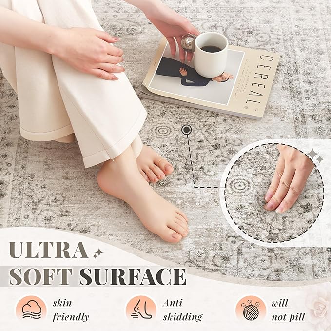Area Rug 5x7 Vintage Rug: Washable Indoor Medallion Rugs Low Pile Distressed Floor Carpet Retro Accent Rug for Living Room Bedroom Kitchen Dining Table Home Office(Distressed Taupe, 5'x7')