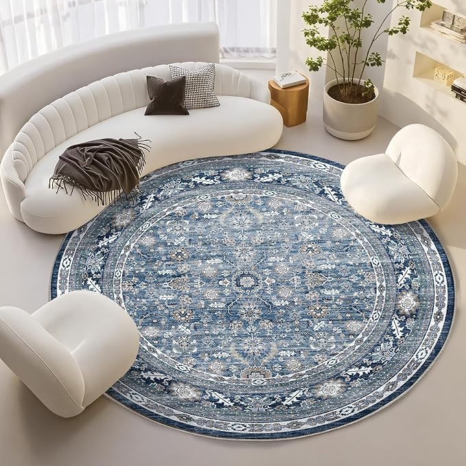 OPPODREAM Vintage Blue Round Rug 6ft, 6 ft Retro Washable Circle Rug Non Slip, Low-Pile Faux Wool Circular Carpet, Distressed Navy Floor Mat for Living Room, Bedroom, Office, Dorm, Dinning Room