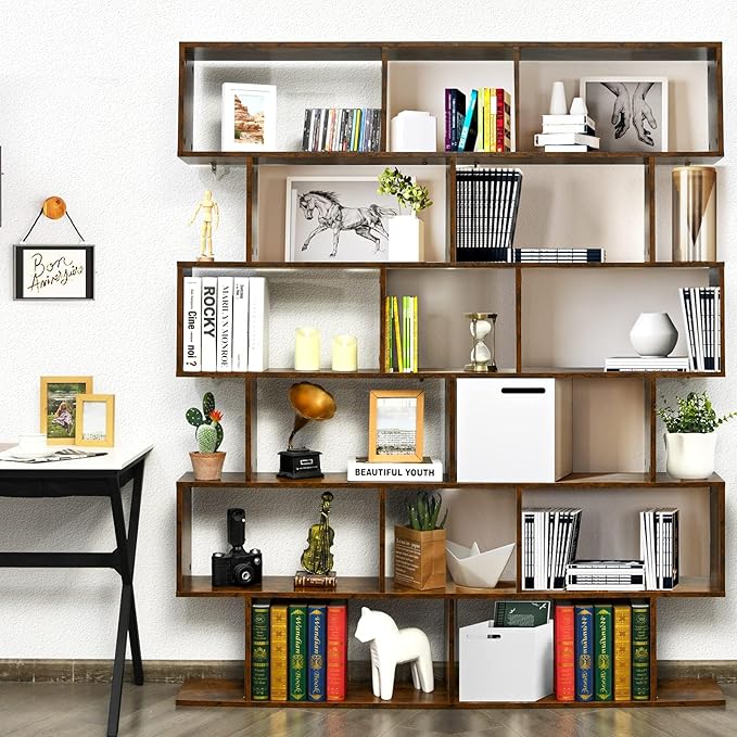 Tangkula 6 Tier S Shaped Bookshelf, 31.5''L x 9''W x 75''H, Wooden Bookcase and Bookshelves w/Anti-Toppling Device, Room Divider Display Shelves for Living Room, Home Decor, 6 Shelf Bookshelf