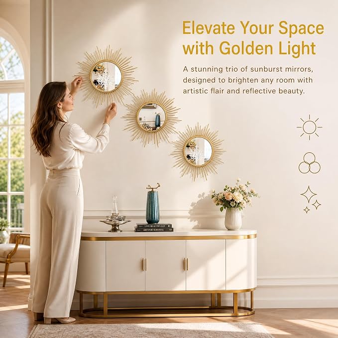 Gold Sunburst Mirror Set of 3, 3PCS Metal Round Decorative Wall Mirrors, Starburst Accent Mirror Wall Decor for Living Room, Bedroom, Entryway, Hallway & Bathroom