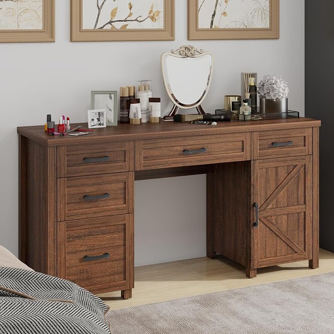 Vabches Farmhouse 61'' Executive Desk with 5 Drawers, Rustic Office Desk Computer Desk, File Drawers and Storage Cabinet, Wood Workstation for Study and Home Office. (Red-Brown)