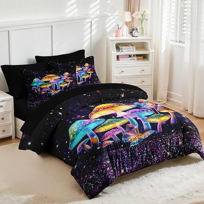 Nesker 5 Pcs Comforter Set Twin Size, Colorful Mushroom Dream Bedding Set for Kids and Adults, Hippie Plant Bed Sheet Sets with Fitted Sheet Pillowcase & Sham