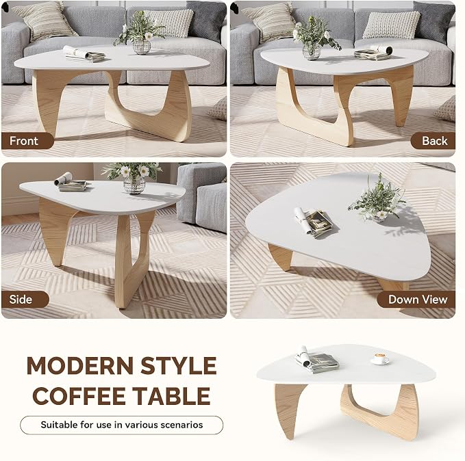 Modern Wood Coffee Table, Triangle Center Table with Premium Wooden Top& Unique Base, 35.5” Small Mid Century Tea Tables for Living Room, Apartment, Office,White&Light Natural Wood