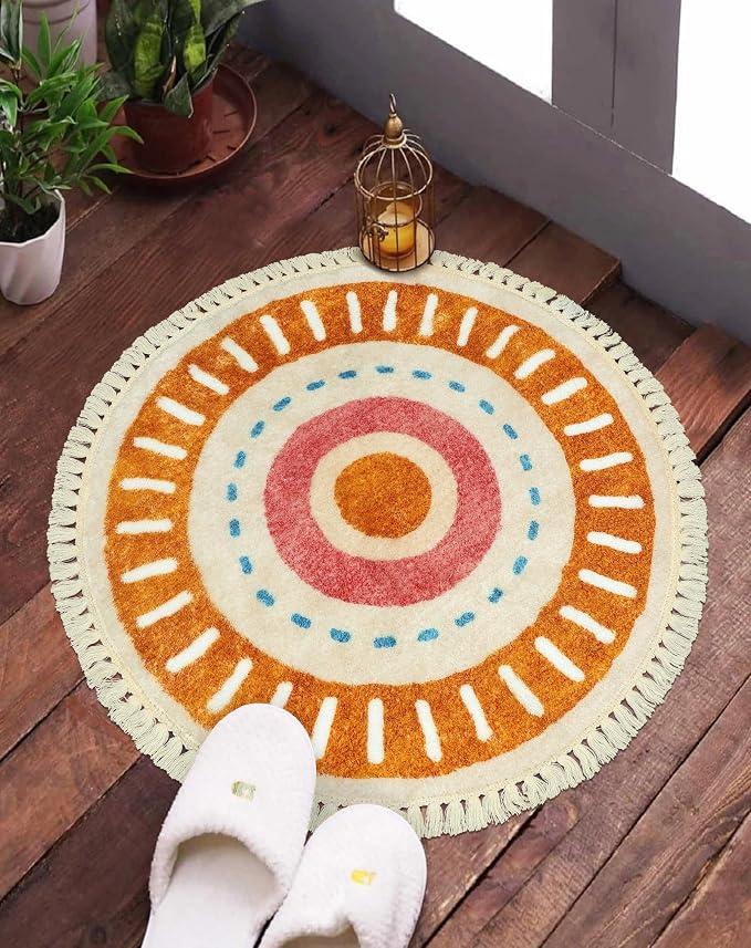 Lukinbox Boho Bathroom Rugs -2Ft Washable Round Area Rug, Soft Circle Bedroom Rug with Fringes, Small Colorful Non-Slip Sun Circular Rainbow Throw Rugs for Kids Room Chair Sofa Entryway