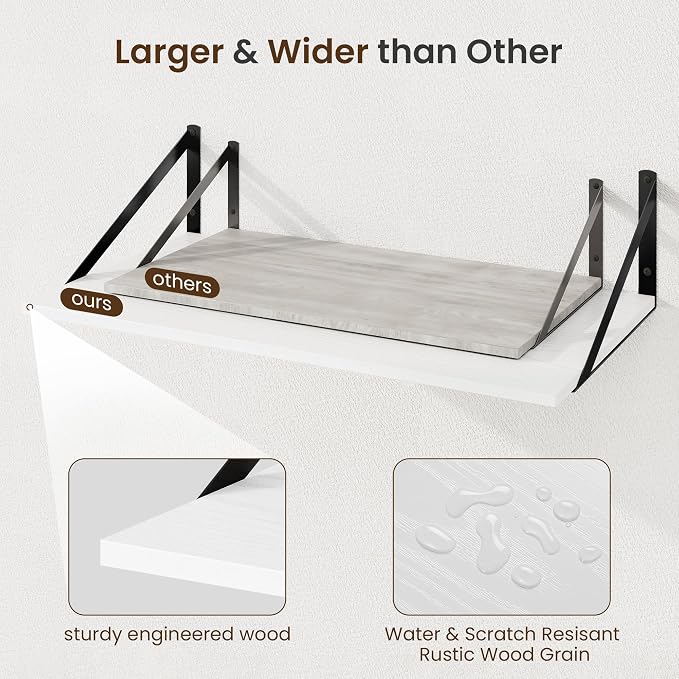 Fun Memories Floating Shelves for Wall, 12 Inch Deep Floating Shelves Set of 2, 24W x 12D Large Wall Shelf with Sturdy Metal Brackets for Living Room, Bathroom, Bedroom and Kitchen, White