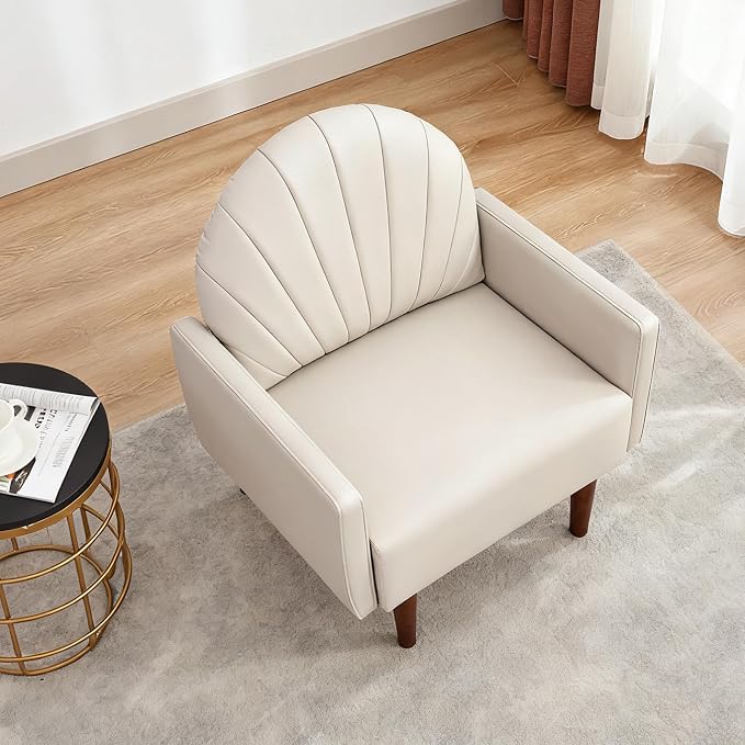Mid-Century Accent Chair, Faux Leather Armchair - Shell-Shaped Back Waterproof PU Leather Modern Retro Lounge Chair for Living Room, Office, Bedroom & Waiting Room