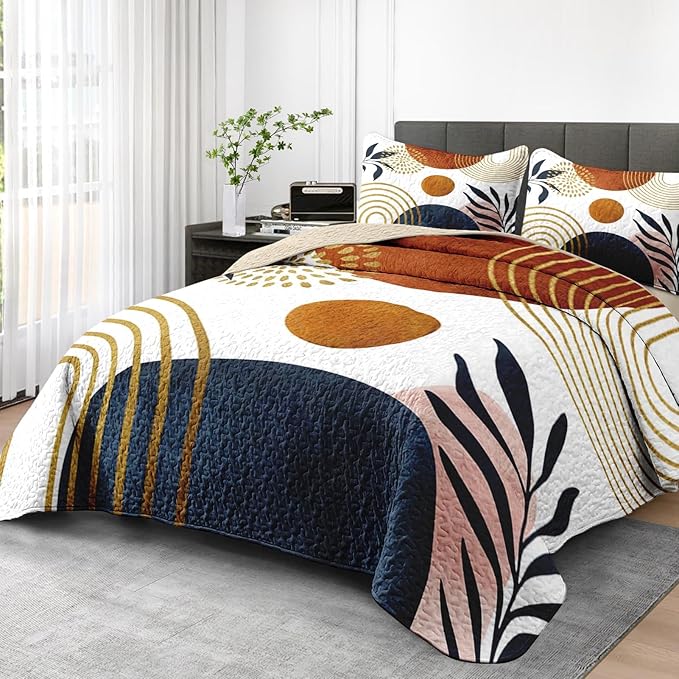 Pamnest Quilt Set King Size, Gold Yellow Mid Century 3 Pcs Soft Bed Cover Bedding Set for Kids and Adults, Sun Boho Geometric Leaf Lightweight Bedspread Coverlet with Pillow Sham for All Season