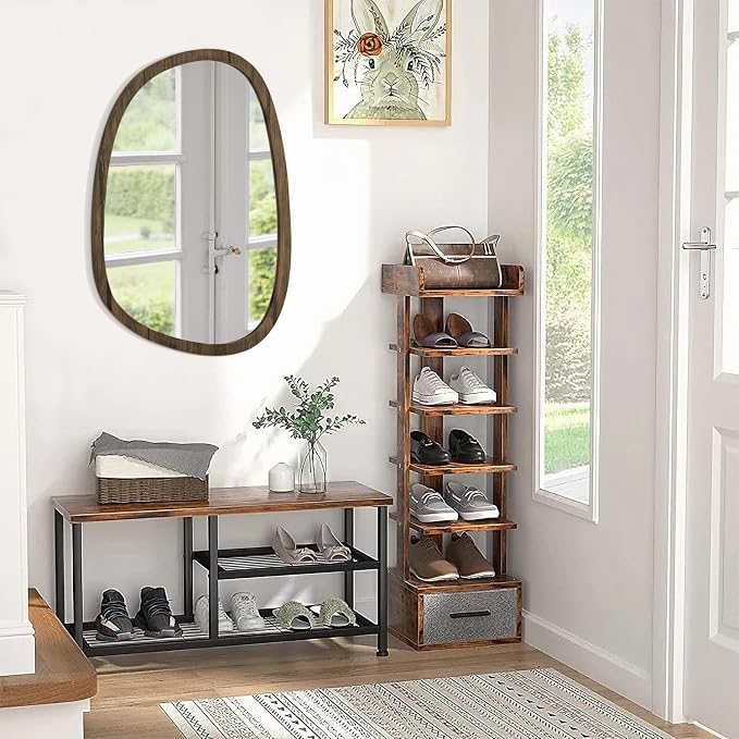 Brown Irregular Wooden Framed Mirror Hanging Asymmetrical Mirror for Wall Modern Wall Mirror Unique Shape Decorative Vanity Bathroom Living Room Bedroom Entryway Hallway Artistic Oval Mirror