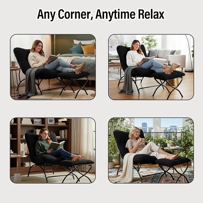 Tiita Accent Lazy Chair with Ottoman, Comfy Lounge Chair with Metal Frame and Plush Fabric, Thick Cushion Seated Cozy Recliner Chair for Reading Room, Living Room, Bedroom, Office, Black