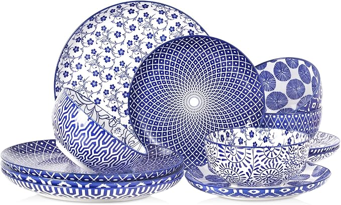 Selamica Ceramic Plates and Bowls Sets,12 Pieces Dinnerware Sets for 4,Scratch Resistant Dish Set,Dishwasher & Microwave Safe, Vintage Blue