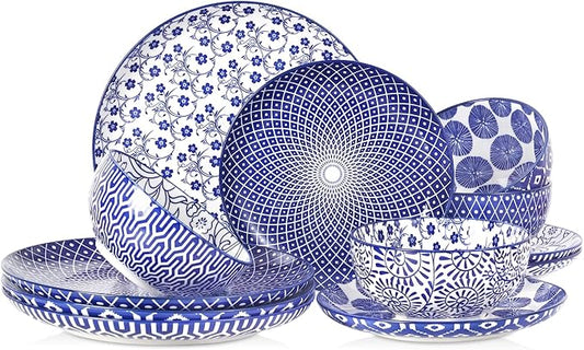 Selamica Ceramic Plates and Bowls Sets,12 Pieces Dinnerware Sets for 4,Scratch Resistant Dish Set,Dishwasher & Microwave Safe, Vintage Blue