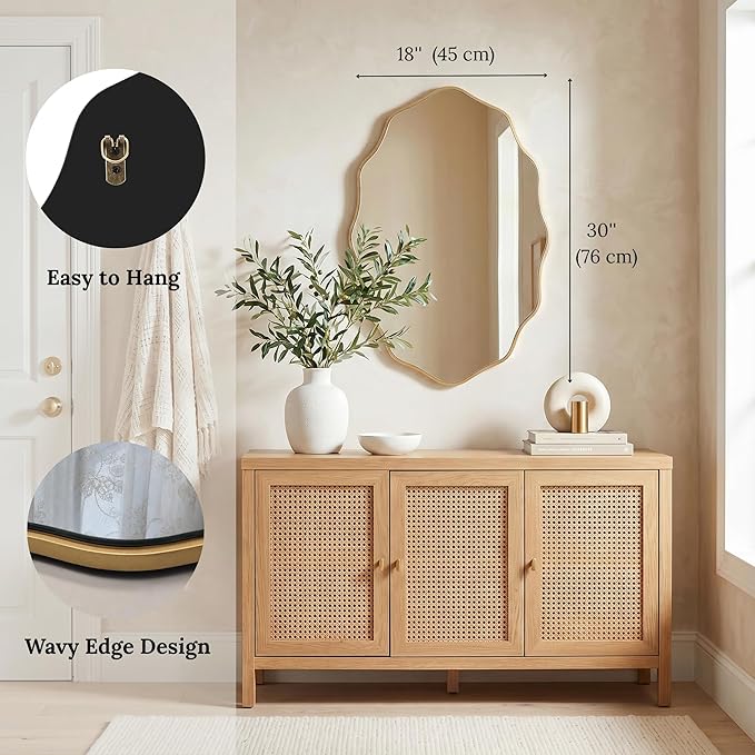 PERFNIQUE Gold Scalloped Mirror, 30''L×18''W Oval Wavy Wood Framed Mirror for Wall Decor, Hanging Leaning for Bathroom, Nursery, Entryway, Vanity, Living Room