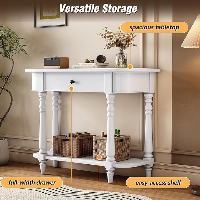 Retro Curved Console Table, 36" Solid Wood Half Moon Console Table Sofa Table Entryway Table with 1 Drawer 1 Open Shelf Roman Legs Curved Corners for Living Room,Entryway,Hallway,White
