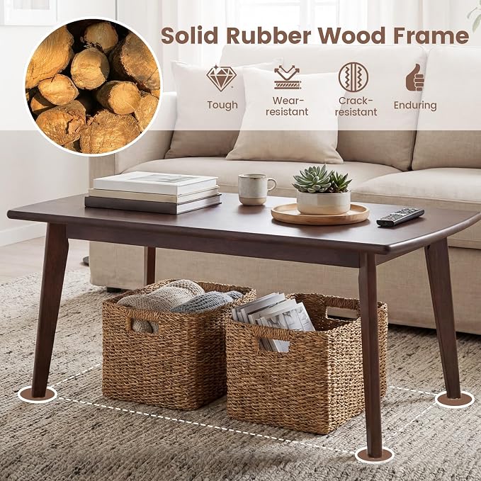 GOFLAME Solid Wood Coffee Table, 34.5" x 21" x 17" Mid-Century Modern Center Table with Storage, Curved Edges, Retro, Small Japanese Floor Table with Tapered Legs for Living Room, Apartment, Walnut