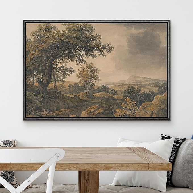MUDECOR Framed Canvas Print Wall Art Antique Landscape Serene Tree and Mountain Scene Illustrations Realism Decorative Scenic Panoramic Earth for Living Room, Bedroom, Office - 16"x24" Black