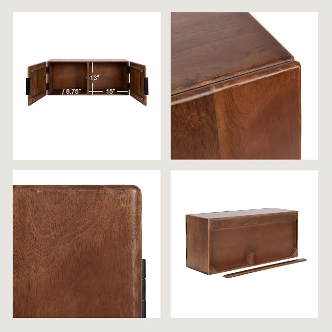 Kate and Laurel Atwood Modern Mango Wood Two-Door Wall Cabinet and Shelf Set, Walnut Brown, Decorative Storage Cabinet with Tiered Wall Shelves for Use as Cohesive Bar Storage Unit