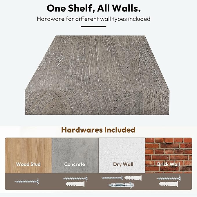 Vivelove Elm Wood Floating Shelves, Wooden Shelves for Wall with Invisible Bracket for Living Room Bedroom Bathroom Office Book, Rustic Farmhouse Display Shelf, 55 Inch Set of 1- Grey