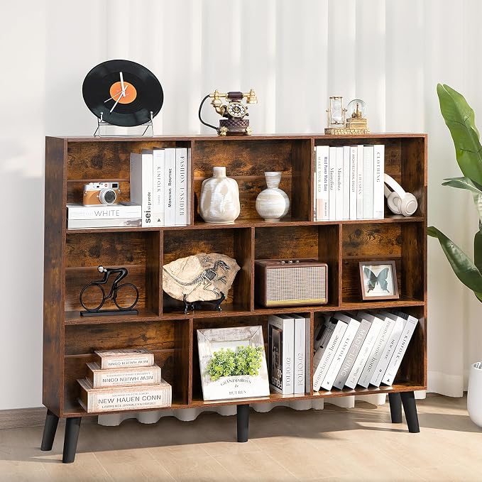 LEYAOYAO 10 Cube Bookshelf, 3 Tier Vintage 55.12" Wide Bookcase with Legs, Mid-Century Wood Bookshelves Storage, Brown Large Book Case, Freestanding Organizer Display Shelf for Living Room, Office