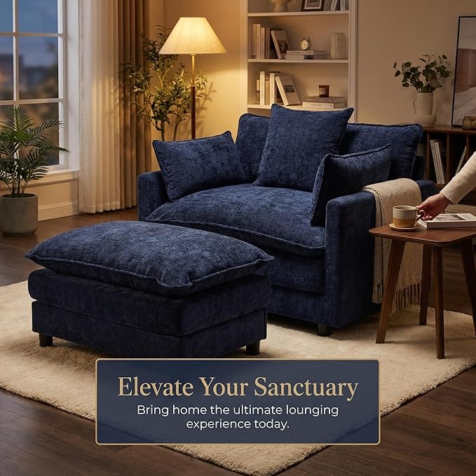 GRAVFORCE Oversized Chair with Ottoman, Comfy Upholstered Chaise Lounge Chair, Accent Indoor Reading Chairs for Living Room, Bedroom (Blue)