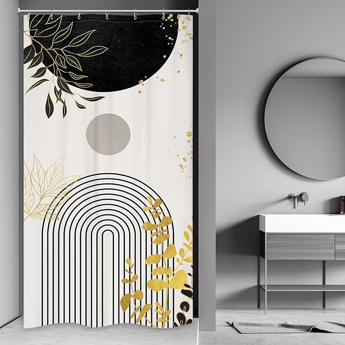 Riyidecor Small Stall Black Gold Boho Shower Curtain for Bathroom Decor 36Wx72H Mid Century Modern Abstract Gold Leaves Minimalist Geometric Art Printed Fabric Polyester Waterproof 7 Pack Plastic Hook