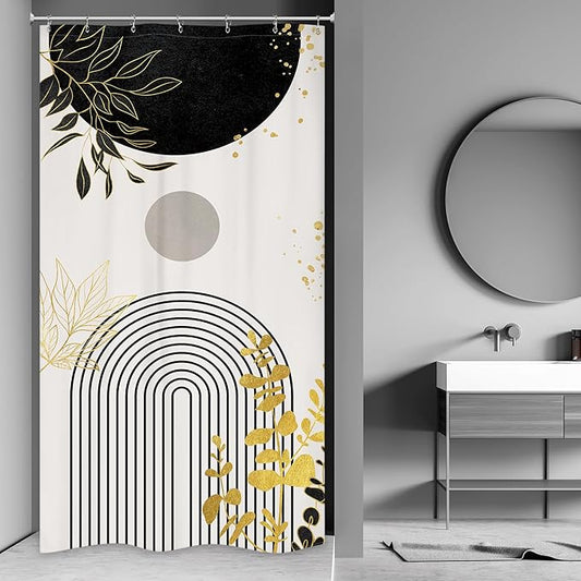 Riyidecor Small Stall Black Gold Boho Shower Curtain for Bathroom Decor 36Wx72H Mid Century Modern Abstract Gold Leaves Minimalist Geometric Art Printed Fabric Polyester Waterproof 7 Pack Plastic Hook