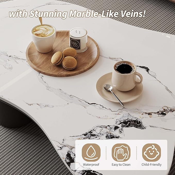 Cloud Coffee Table, Irregular Indoor Tea Table for Living Room, 48.4" Modern Home Sintered Stone End Table with 4 Black Legs