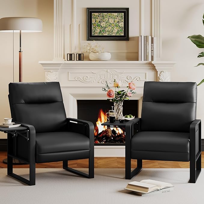 Alunaune Upholstered Living Room Chair Armchair Set of 2, Mid Century Faux Leather Metal Accent Chair, Reception Couch Slipper Club Lounge Chair Guest Comfy Single Sofa with Sidetable-Black