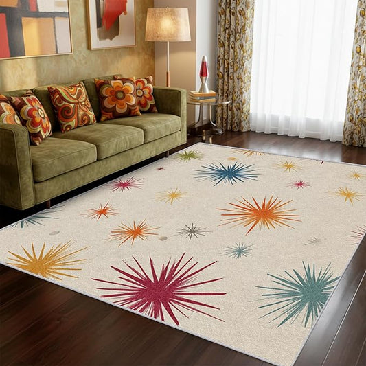 Mid Century Modern Rug 6x9 Starburst Atomic Retro 60s 70s Pattern Area Rugs for Living Room, Bedroom, Mid Century Modern Home Decor Accessories Indoor Carpet, Non Slip & Machine Washable