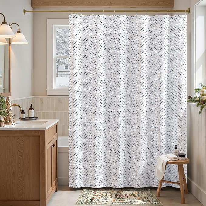jinchan Extra Long Blue and White Shower Curtain Inky Herringbone Chevron Zig Zag Waterproof Fabric Modern Farmhouse Shower Curtains for Bathroom with 12 Hooks 70x84 Inches
