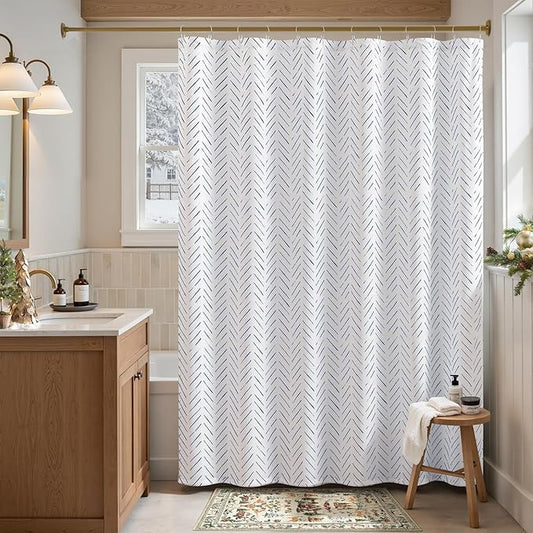 jinchan Extra Long Blue and White Shower Curtain Inky Herringbone Chevron Zig Zag Waterproof Fabric Modern Farmhouse Shower Curtains for Bathroom with 12 Hooks 70x84 Inches