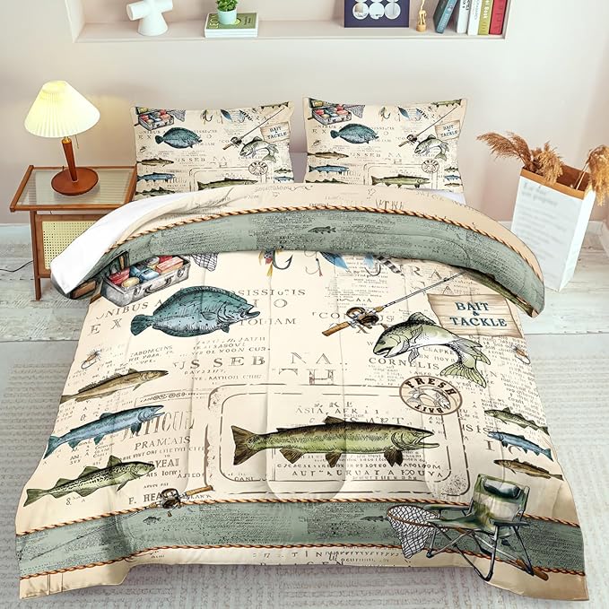 Fish Comforter Set Twin,Nautical Bedding Set Twin for Boy,Ocean Bedding Striped Quilt,Coastal Comforter Fishing Birthday Party Decorations,Nautical Quilt Fishing Decor for Kids and Adult