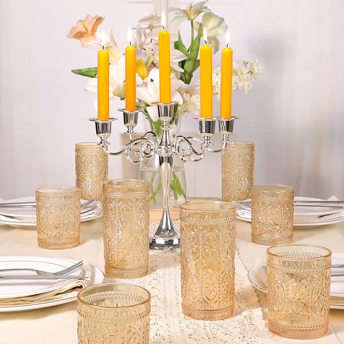 Amber Glassware set of 4, Vintage Drinking Glasses, 10oz Heavy Duty Glass Cups, Colored Glassware Set, Embossed Glasses Set for Party Wedding Home Office Gift